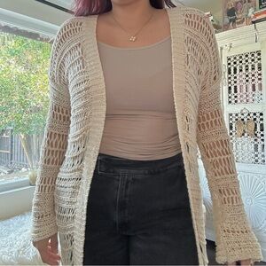 boho long beige fringe cardigan